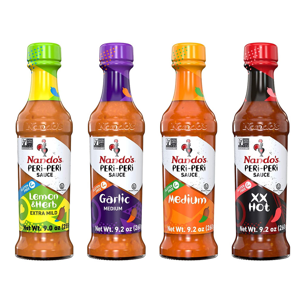 Nando's PERi PERi Hot Sauce Foodies Flavor Pack - Coconut Lemon, Lemon & Herb, Garlic, Medium - 9.1oz Bottles, 4PK