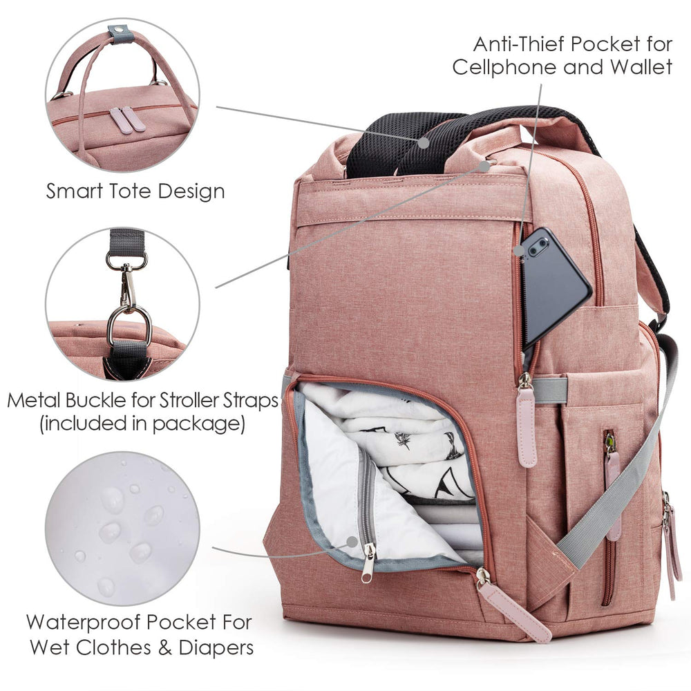 Diaper Bag Backpack Nappy Bag Upsimples Baby Bags for Mom and Dad Maternity Diaper Bag with USB Charging Port Stroller Straps Thermal Pockets,Water Resistant,Pink&Gray