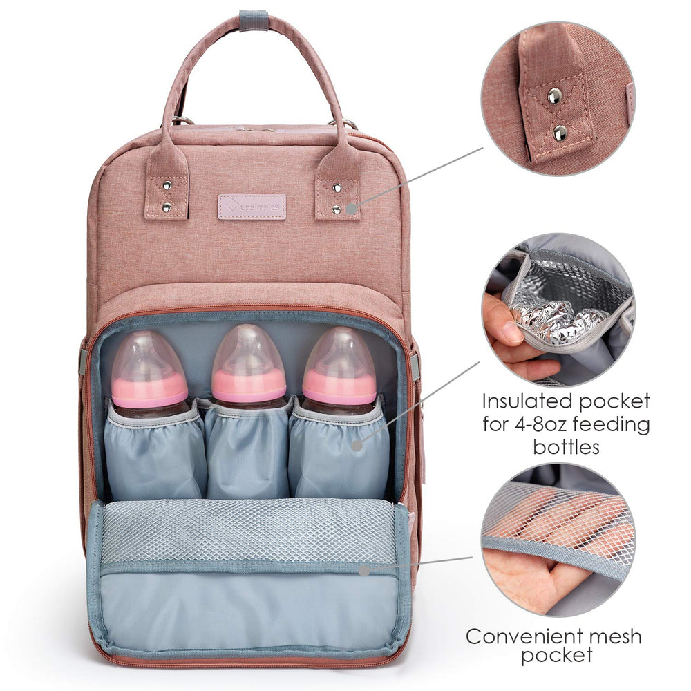 Diaper Bag Backpack Nappy Bag Upsimples Baby Bags for Mom and Dad Maternity Diaper Bag with USB Charging Port Stroller Straps Thermal Pockets,Water Resistant,Pink&Gray