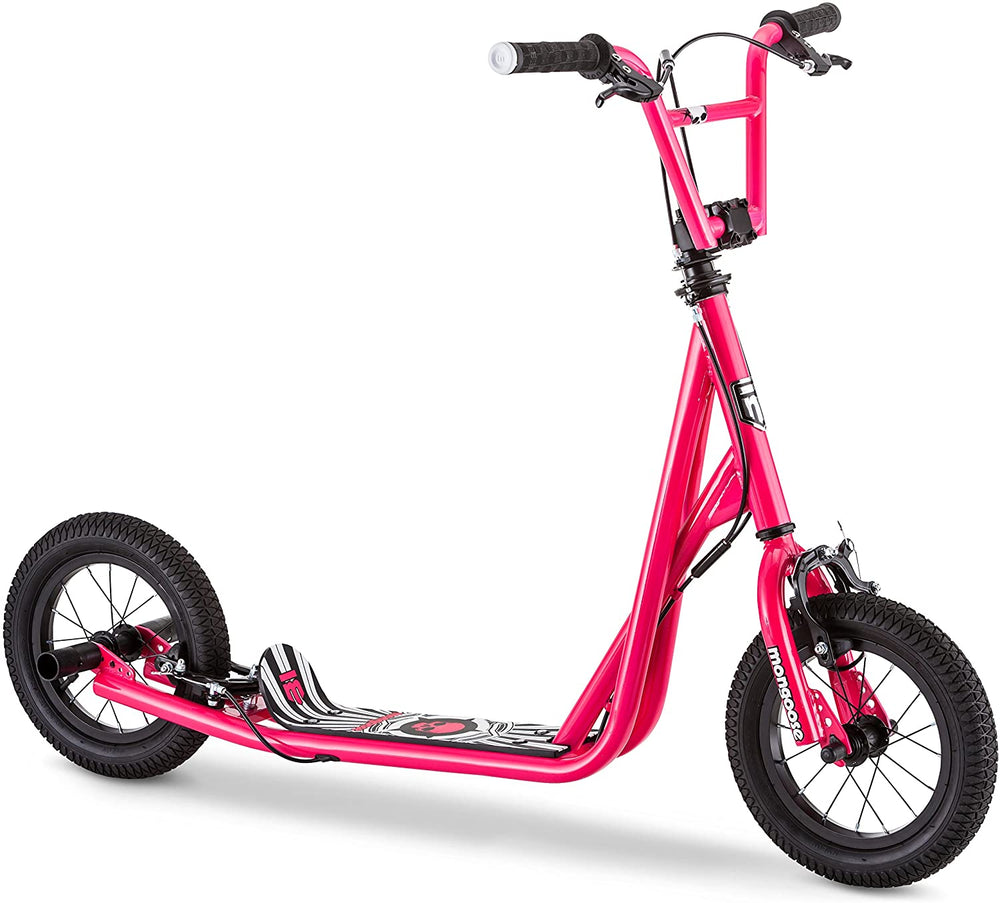 Mongoose Expo Youth Scooter, Front and Rear Caliper Brakes, Rear Axle Pegs, 12-Inch Inflatable Wheels, Available in Multiple Colors