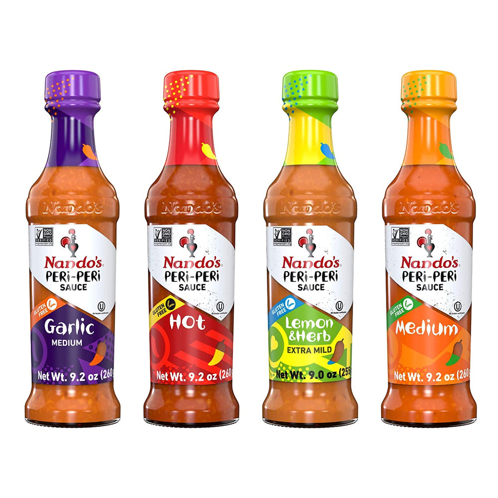 Nando's PERi PERi Hot Sauce Foodies Flavor Pack - Coconut Lemon, Lemon & Herb, Garlic, Medium - 9.1oz Bottles, 4PK