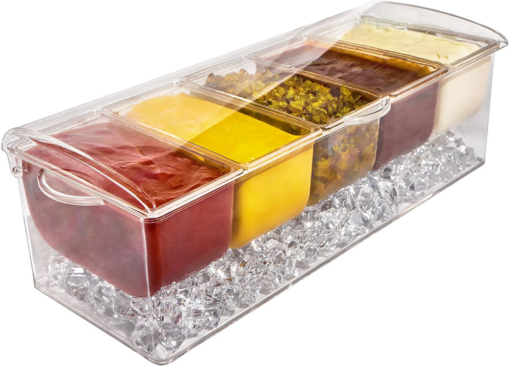 Ice Chilled 5 Compartment Condiment Server Caddy - Serving Tray Container with 5 Removable Dishes with over 2 Cup Capacity Each and Hinged Lid | 3 Serving Spoons + 3 Tongs Included