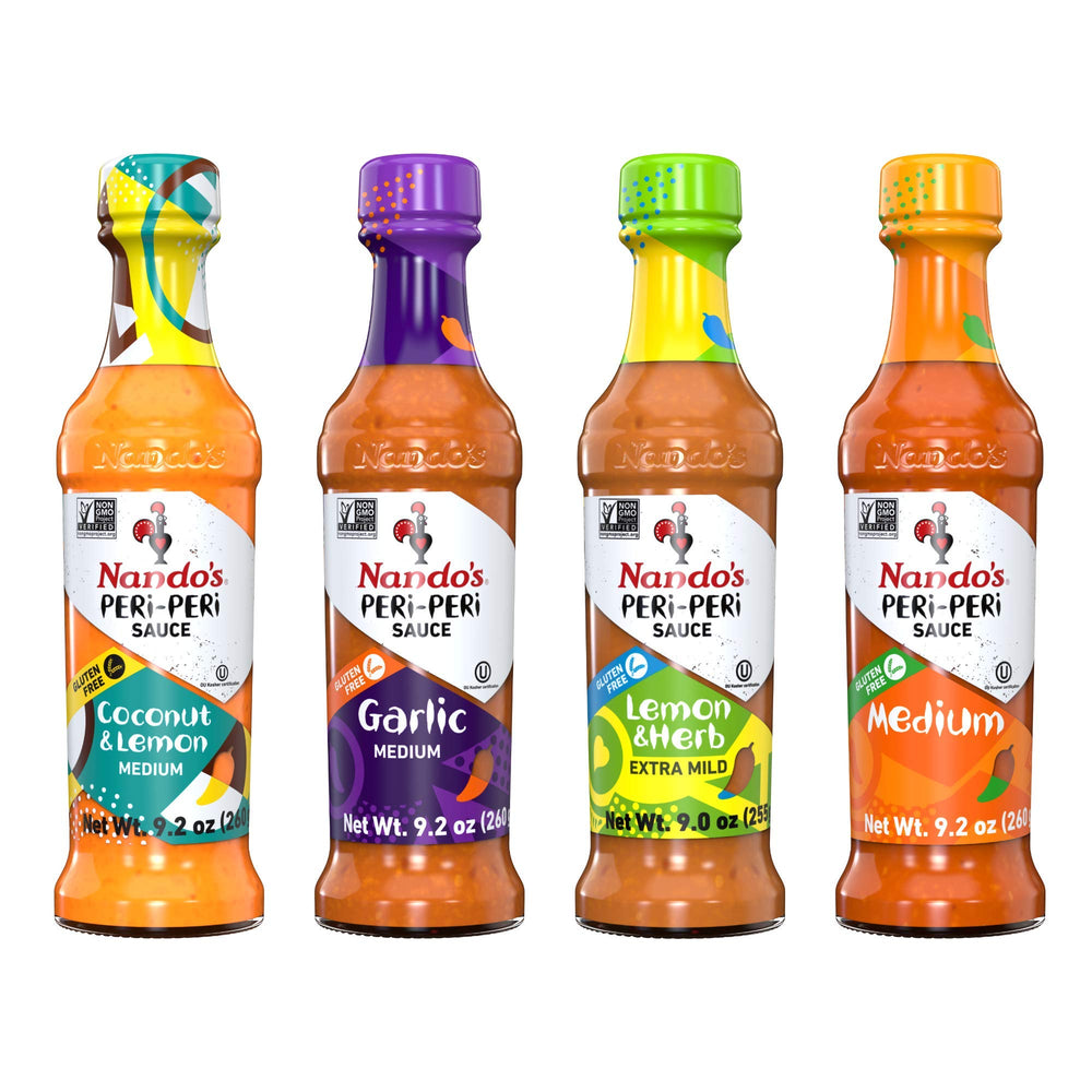 Nando's PERi PERi Hot Sauce Foodies Flavor Pack - Coconut Lemon, Lemon & Herb, Garlic, Medium - 9.1oz Bottles, 4PK