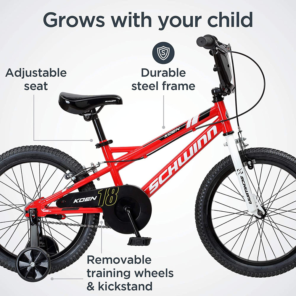 Schwinn Koen Boys Bike for Toddlers and Kids, 12, 14, 16, 18, 20 inch Wheels for Ages 2 Years and Up, Red, Blue or Black, Balance or Training Wheels, Adjustable Seat