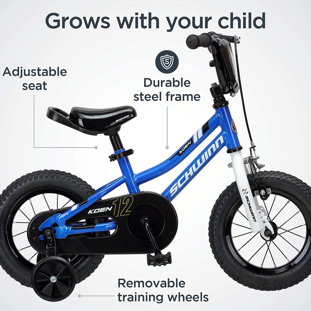 Schwinn Koen Boys Bike for Toddlers and Kids, 12, 14, 16, 18, 20 inch Wheels for Ages 2 Years and Up, Red, Blue or Black, Balance or Training Wheels, Adjustable Seat