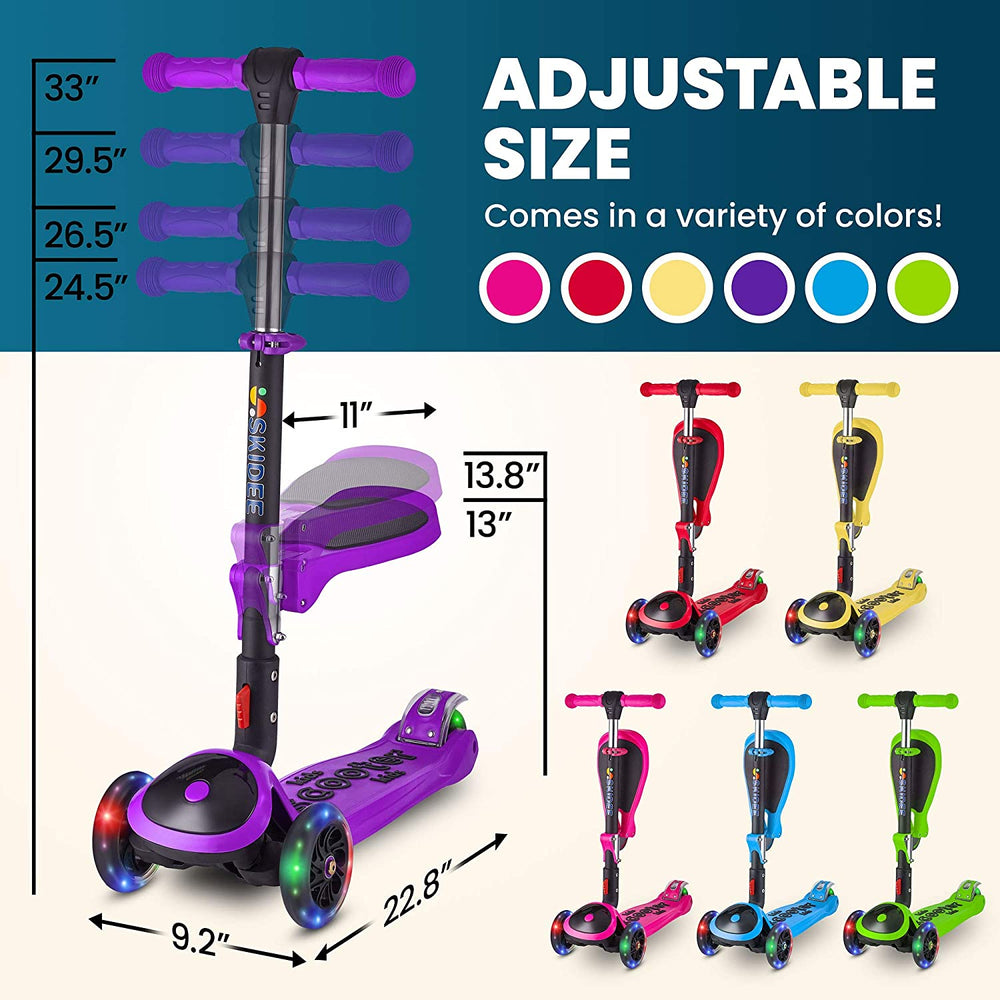 S SKIDEE Scooter for Kids with Foldable and Removable Seat – Adjustable Height, 3 LED Light Wheels, USA Brand 3 Wheels Kick Scooter for Girls & Boys 2-12 Years Old - Y200