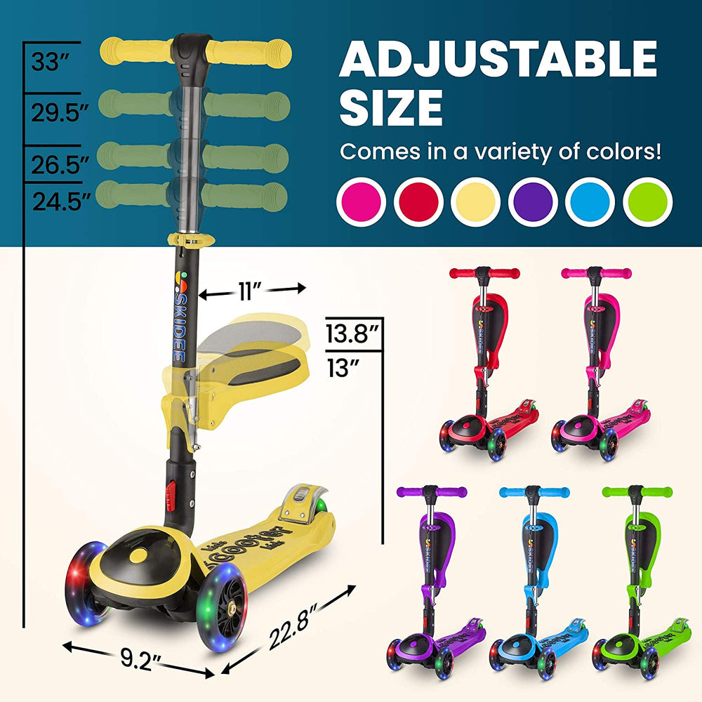 S SKIDEE Scooter for Kids with Foldable and Removable Seat – Adjustable Height, 3 LED Light Wheels, USA Brand 3 Wheels Kick Scooter for Girls & Boys 2-12 Years Old - Y200