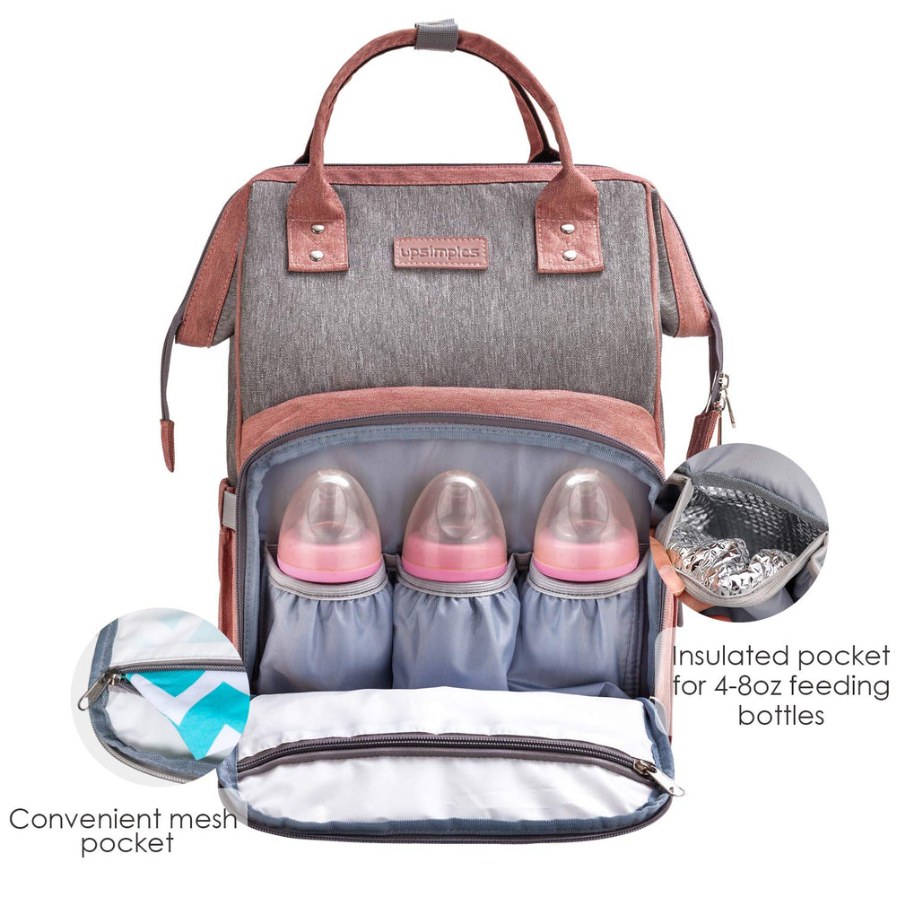 Diaper Bag Backpack Nappy Bag Upsimples Baby Bags for Mom and Dad Maternity Diaper Bag with USB Charging Port Stroller Straps Thermal Pockets,Water Resistant,Pink&Gray