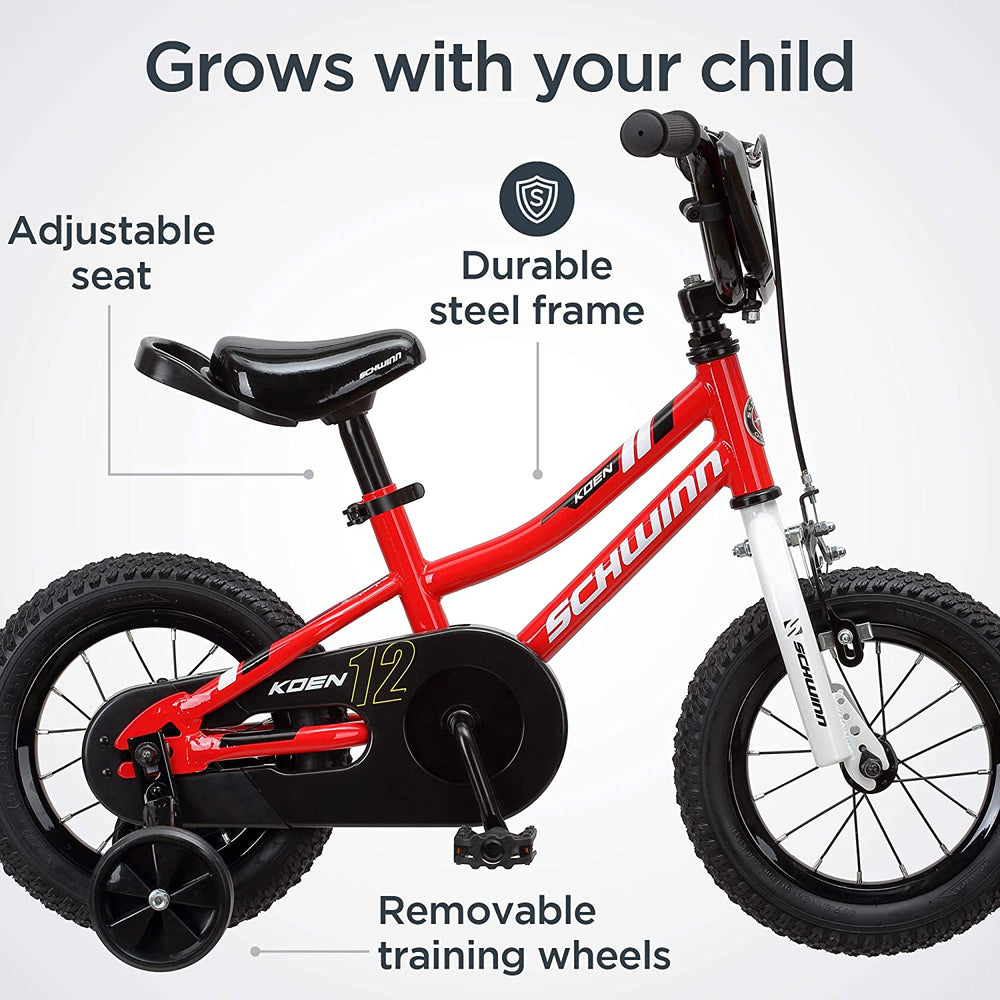 Schwinn Koen Boys Bike for Toddlers and Kids, 12, 14, 16, 18, 20 inch Wheels for Ages 2 Years and Up, Red, Blue or Black, Balance or Training Wheels, Adjustable Seat