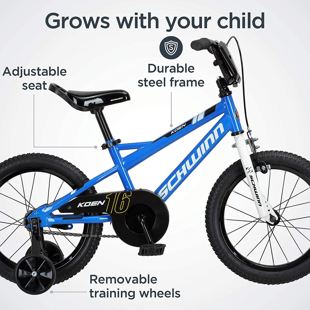 Schwinn Koen Boys Bike for Toddlers and Kids, 12, 14, 16, 18, 20 inch Wheels for Ages 2 Years and Up, Red, Blue or Black, Balance or Training Wheels, Adjustable Seat