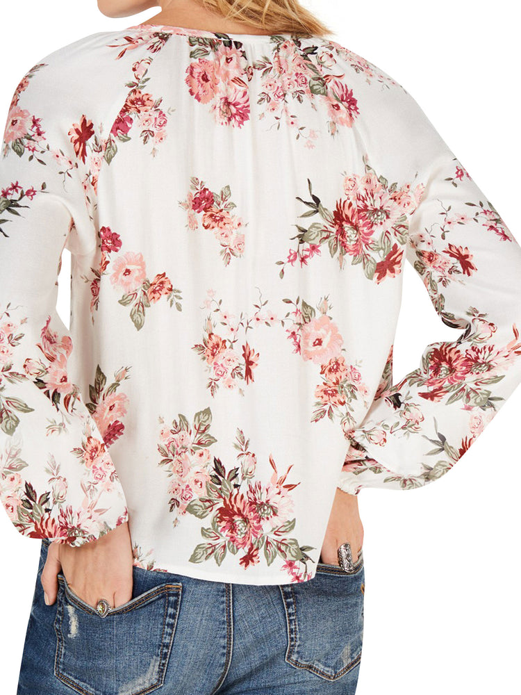 Women Floral Print Tied V Neck Ruching Blouse