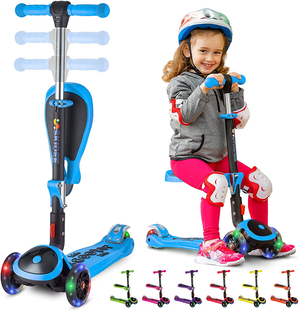 S SKIDEE Scooter for Kids with Foldable and Removable Seat – Adjustable Height, 3 LED Light Wheels, USA Brand 3 Wheels Kick Scooter for Girls & Boys 2-12 Years Old - Y200