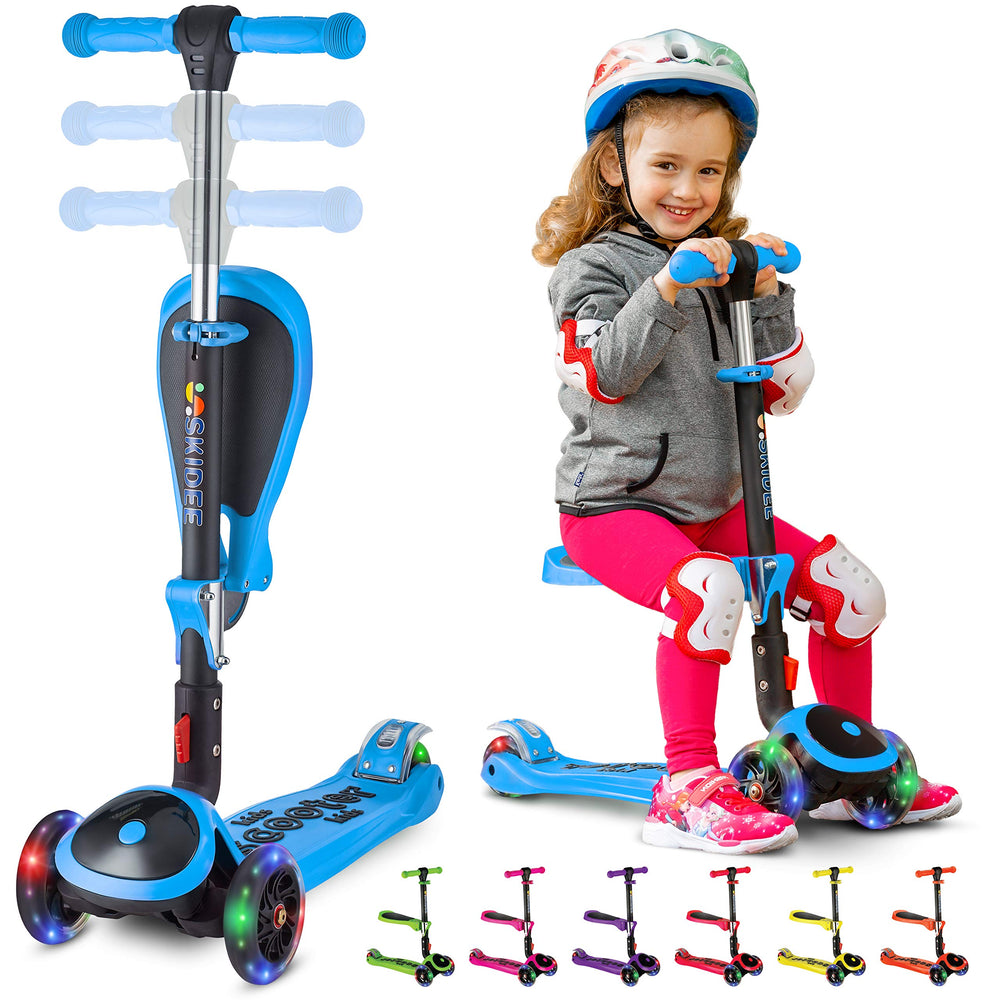 S SKIDEE Scooter for Kids with Foldable and Removable Seat – Adjustable Height, 3 LED Light Wheels, USA Brand 3 Wheels Kick Scooter for Girls & Boys 2-12 Years Old - Y200