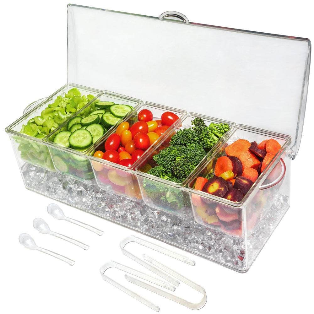 Ice Chilled 5 Compartment Condiment Server Caddy - Serving Tray Container with 5 Removable Dishes with over 2 Cup Capacity Each and Hinged Lid | 3 Serving Spoons + 3 Tongs Included