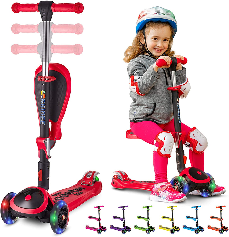 S SKIDEE Scooter for Kids with Foldable and Removable Seat – Adjustable Height, 3 LED Light Wheels, USA Brand 3 Wheels Kick Scooter for Girls & Boys 2-12 Years Old - Y200