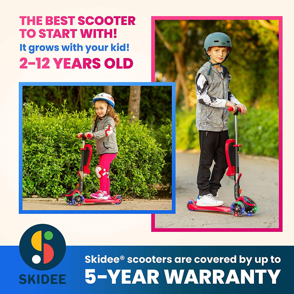 S SKIDEE Scooter for Kids with Foldable and Removable Seat – Adjustable Height, 3 LED Light Wheels, USA Brand 3 Wheels Kick Scooter for Girls & Boys 2-12 Years Old - Y200