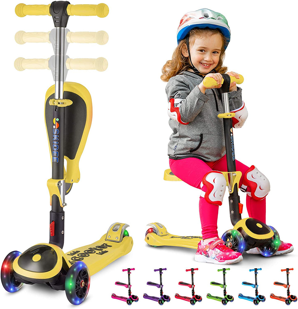 S SKIDEE Scooter for Kids with Foldable and Removable Seat – Adjustable Height, 3 LED Light Wheels, USA Brand 3 Wheels Kick Scooter for Girls & Boys 2-12 Years Old - Y200