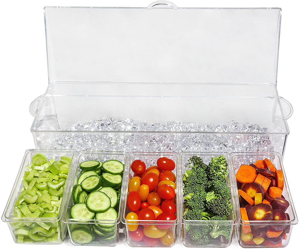 Ice Chilled 5 Compartment Condiment Server Caddy - Serving Tray Container with 5 Removable Dishes with over 2 Cup Capacity Each and Hinged Lid | 3 Serving Spoons + 3 Tongs Included