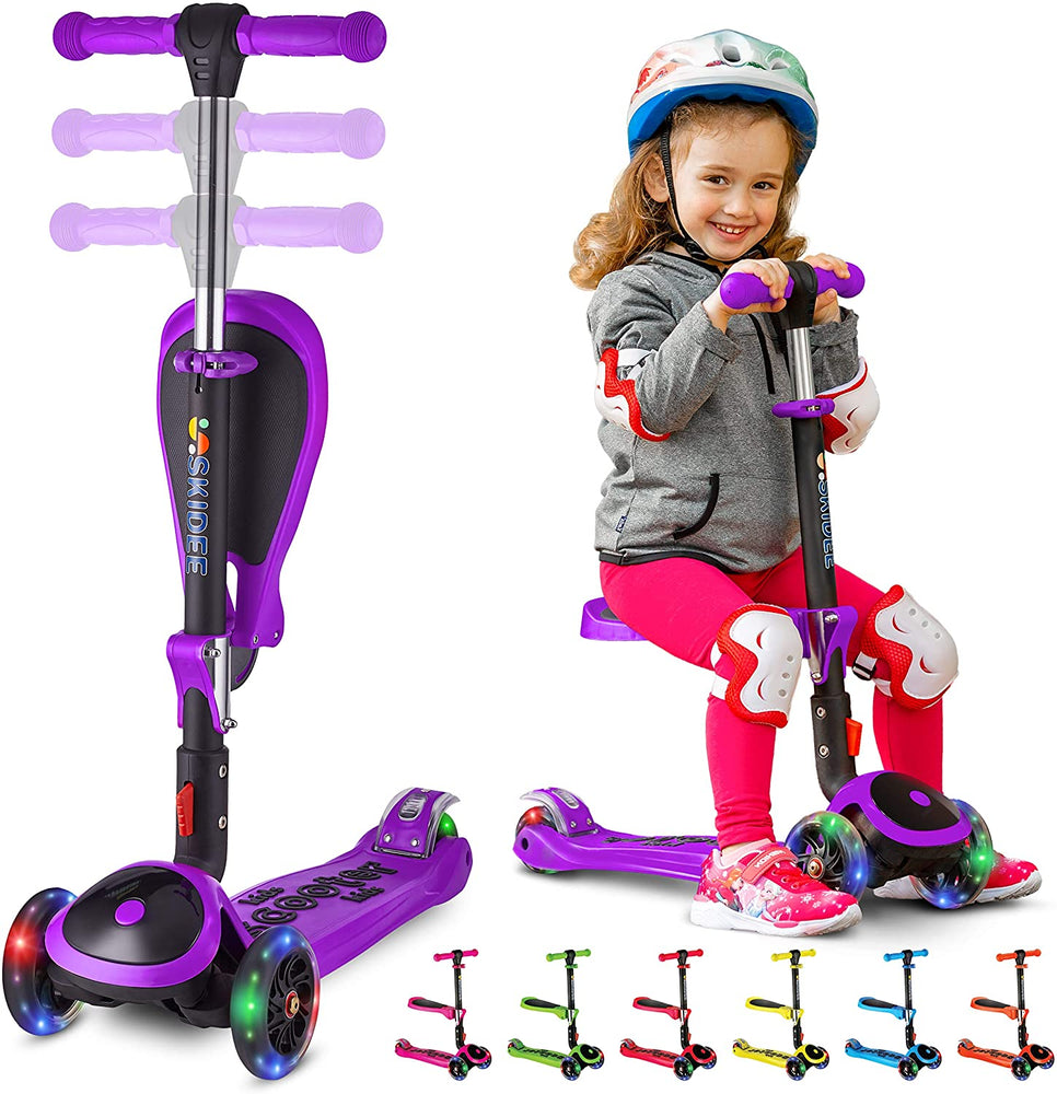 S SKIDEE Scooter for Kids with Foldable and Removable Seat – Adjustable Height, 3 LED Light Wheels, USA Brand 3 Wheels Kick Scooter for Girls & Boys 2-12 Years Old - Y200