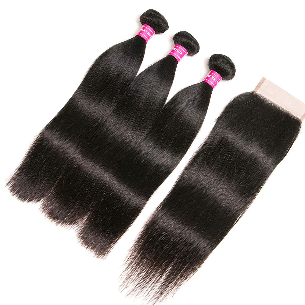 Blowing Straight Hair 3 Bundles with Closure Brazilian Virgin Hair Three Part Lace Closure with Bundles 8a Straight Human Hair Weft with Closure Three Part Natural Color（10 12 14+10)