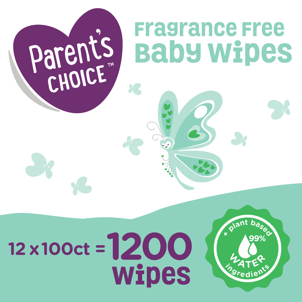 Parent's Choice Fragrance Free Baby Wipes, 12 Flip-Top Packs (1200 Total Count)