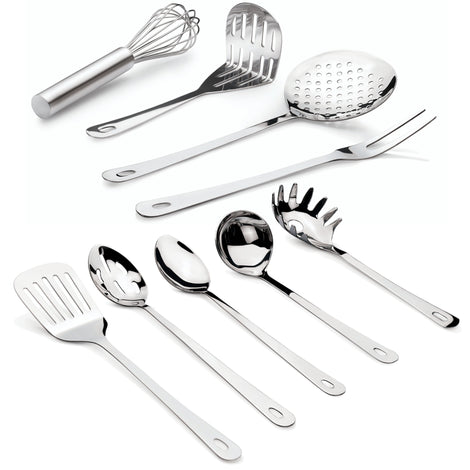 Complete 9 Piece Stainless Steel Cooking & Serving Set - Slotted Turner & Spoon, Solid Spoon, Large Fork, Ladle, Skimmer, Whisk, Potato Masher & Pasta Server - Heavy Gauge Durability - Mirror Finish