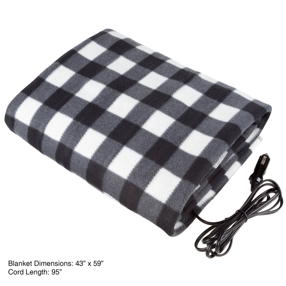 Electric Car Blanket- Heated 12V Polar Fleece Travel Throw for Car, Truck & RV by Stalwart (Black/White)