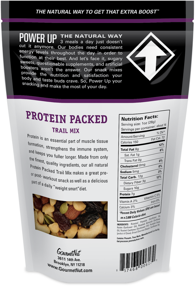 Power Up Protein Packed Trail Mix from Gourmet Nut, 14 oz. Resealable Bag, Gluten Free, Good Source of Protein