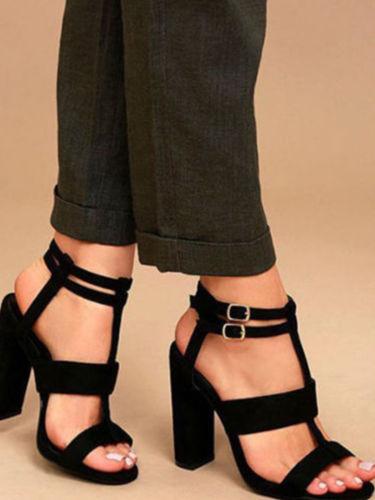 Women High Chunky Block Heels Sandals Buckle Ankle Strappy Slingback Party Shoes, Color: - Black