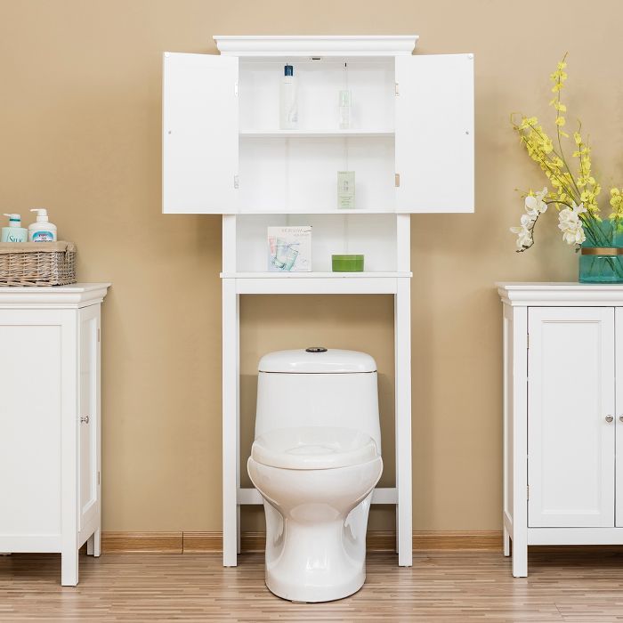 Bourbon Space Saver with Two Contemporary Doors and An Open Shelf Over The Toilet Etagere White - Elegant Home Fashions