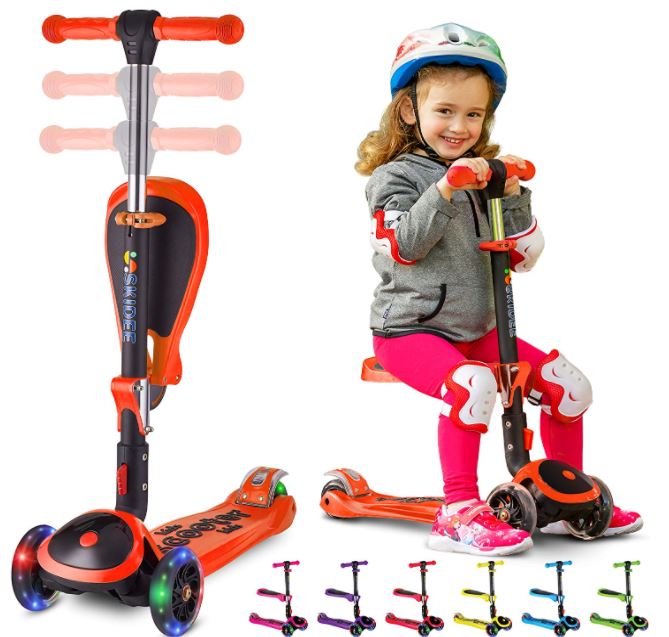 S SKIDEE Scooter for Kids with Foldable and Removable Seat – Adjustable Height, 3 LED Light Wheels, USA Brand 3 Wheels Kick Scooter for Girls & Boys 2-12 Years Old - Y200