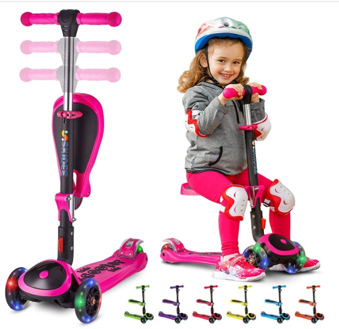 S SKIDEE Scooter for Kids with Foldable and Removable Seat – Adjustable Height, 3 LED Light Wheels, USA Brand 3 Wheels Kick Scooter for Girls & Boys 2-12 Years Old - Y200