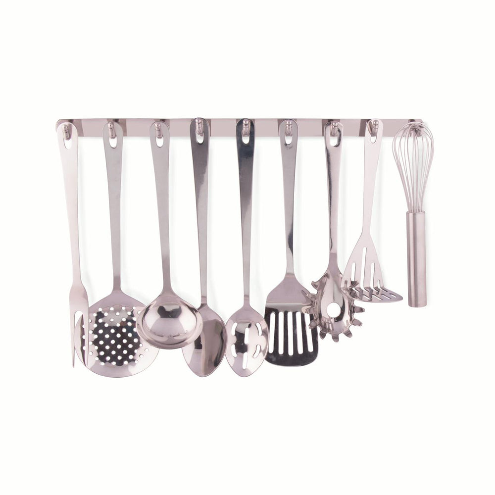 Complete 9 Piece Stainless Steel Cooking & Serving Set - Slotted Turner & Spoon, Solid Spoon, Large Fork, Ladle, Skimmer, Whisk, Potato Masher & Pasta Server - Heavy Gauge Durability - Mirror Finish