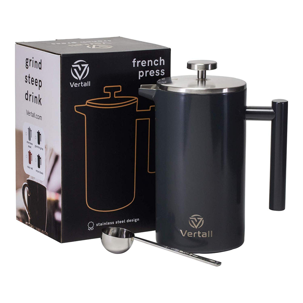 French Press Coffee Maker 34oz - Stainless Steel Double Wall Vacuum Insulated Rust-Free With Bonus Tablespoon Scoop by Vertall - Gray