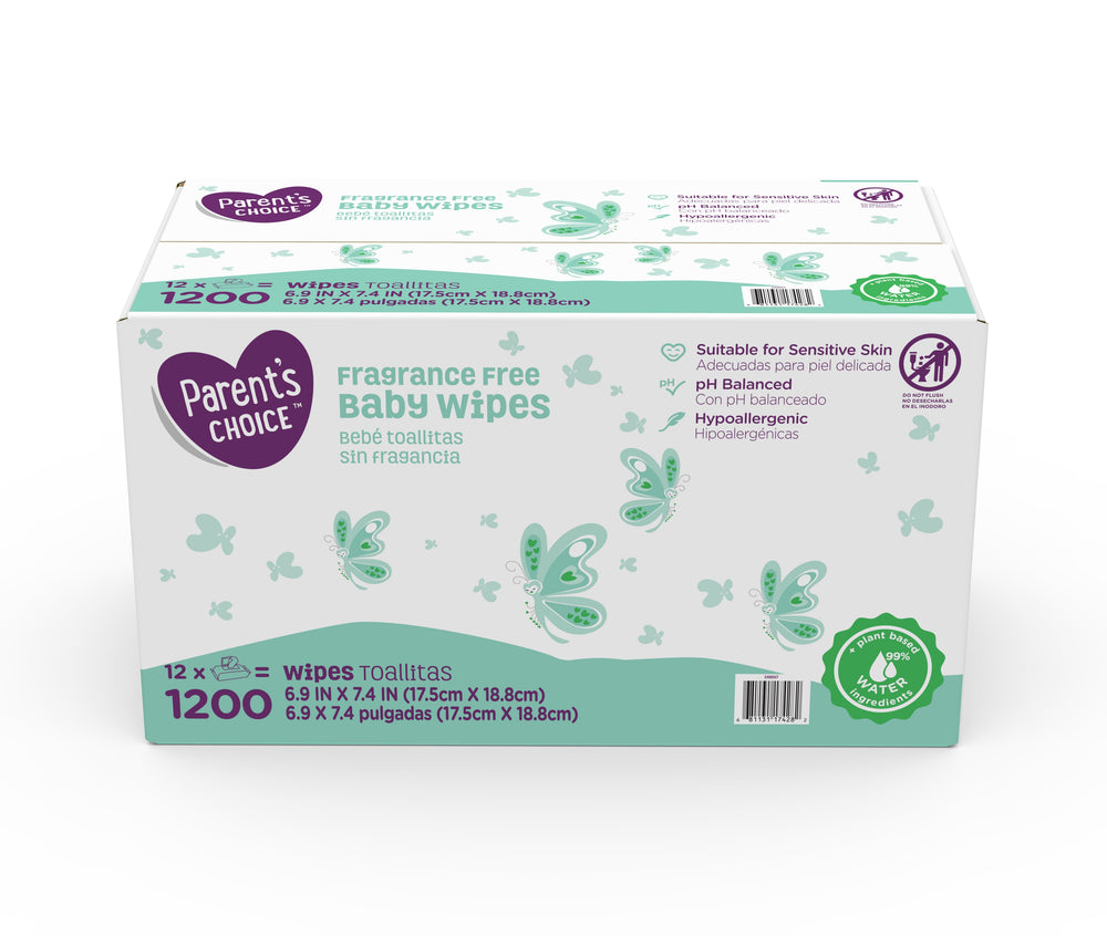 Parent's Choice Fragrance Free Baby Wipes, 12 Flip-Top Packs (1200 Total Count)