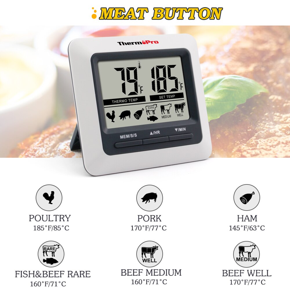 ThermoPro TP04 Large LCD Cooking Food Meat Thermometer for Smoker Oven Kitchen BBQ Grill Thermometer Clock Timer with Stainless Steel