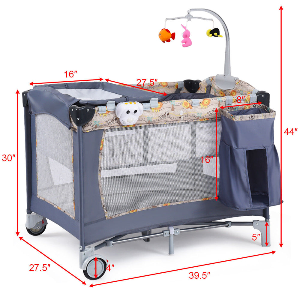 Costway Foldable Baby Crib Playpen Playard Pack Travel Infant Bassinet Bed Music Gray