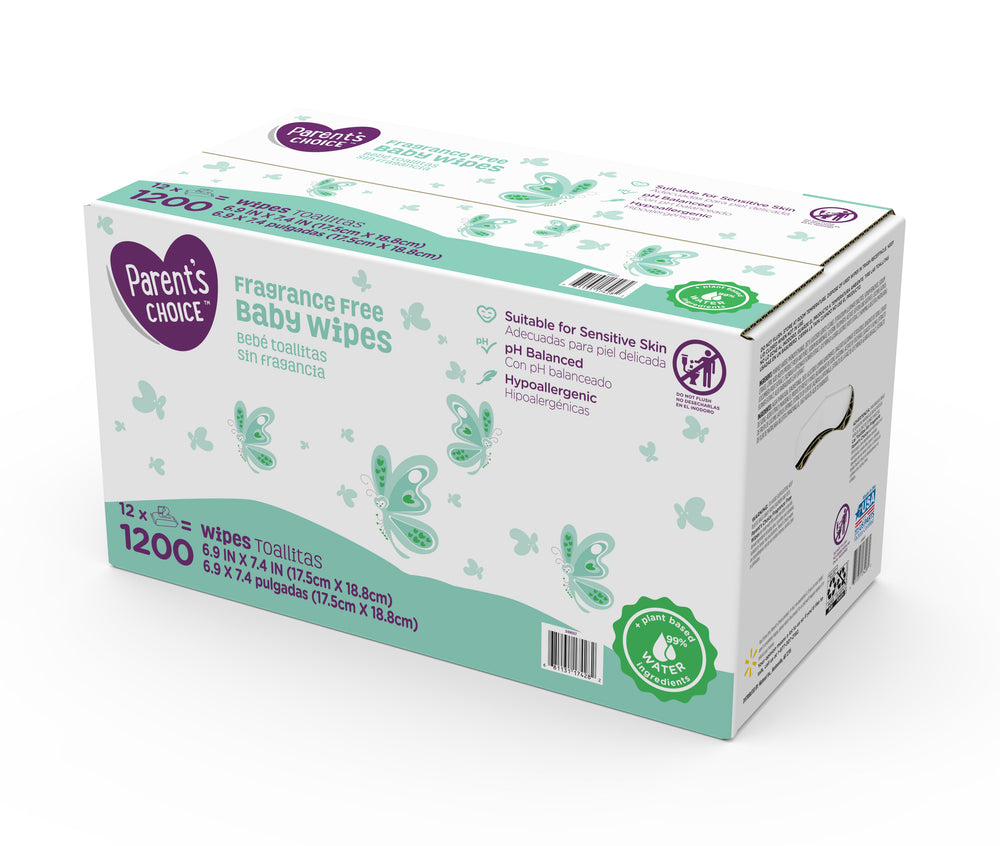 Parent's Choice Fragrance Free Baby Wipes, 12 Flip-Top Packs (1200 Total Count)