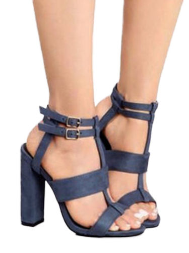 Women High Chunky Block Heels Sandals Buckle Ankle Strappy Slingback Party Shoes, Color: - Blue