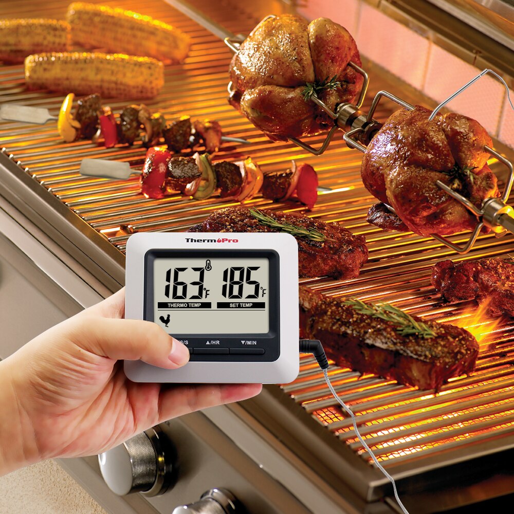 ThermoPro TP04 Large LCD Cooking Food Meat Thermometer for Smoker Oven Kitchen BBQ Grill Thermometer Clock Timer with Stainless Steel