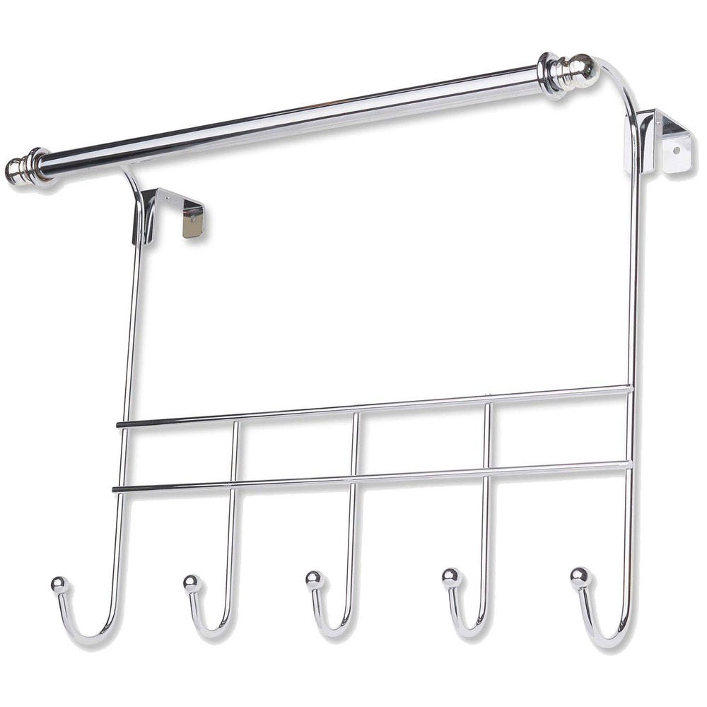 Towel Door Hanger includes Towel Rack Bar, 5 Towel Hooks, No Assembly Required, 17 Inches Wide, 2 Inch Over the Door Hook Space, Chrome