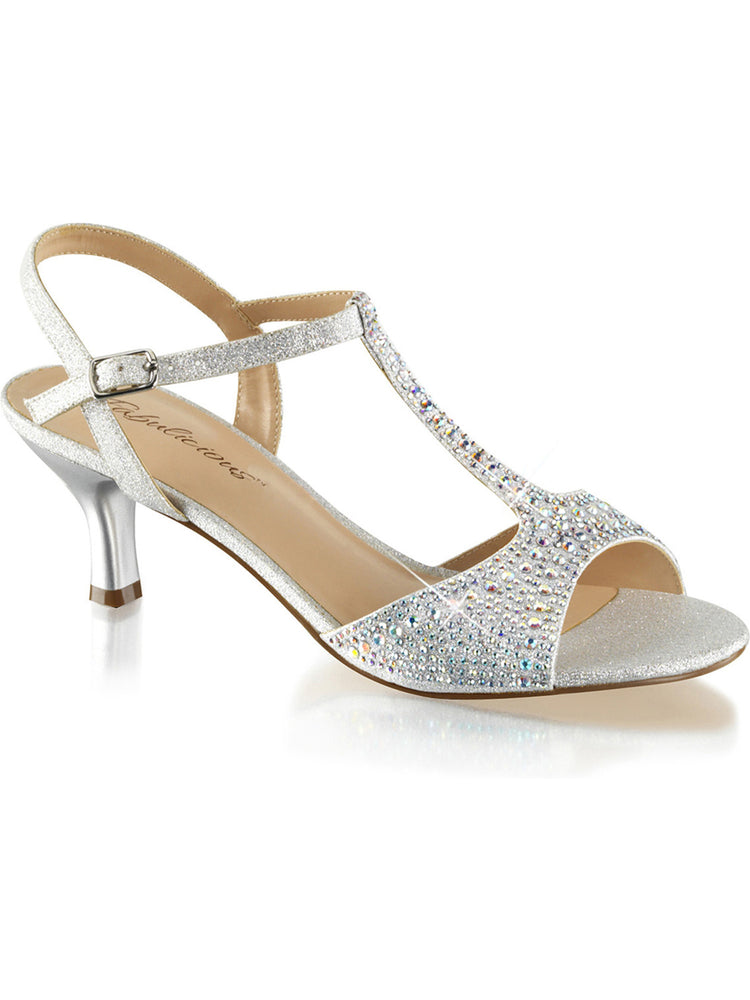 Womens Kitten Heel Wedding Shoes T Strap Sandals Silver Rhinestone 2 1/2 Inch