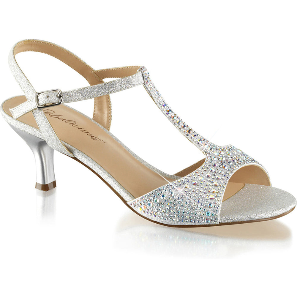 Womens Kitten Heel Wedding Shoes T Strap Sandals Silver Rhinestone 2 1/2 Inch
