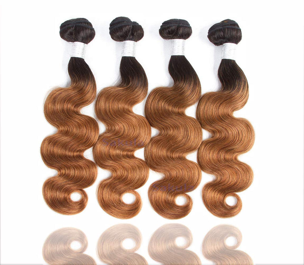 Sakula 2 Tone Ombre Body Wave 100% Human Hair Bundles with Closure Brazilian Unprocessed Grade 7A Virgin Remy Hair Extensions with 1B/30 Color (16 16 18 18+14 inch)