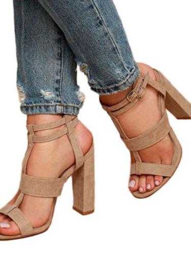 Women High Chunky Block Heels Sandals Buckle Ankle Strappy Slingback Party Shoes, Color: - Beige