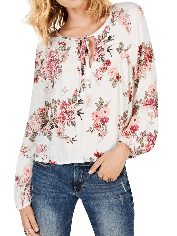 Women Floral Print Tied V Neck Ruching Blouse