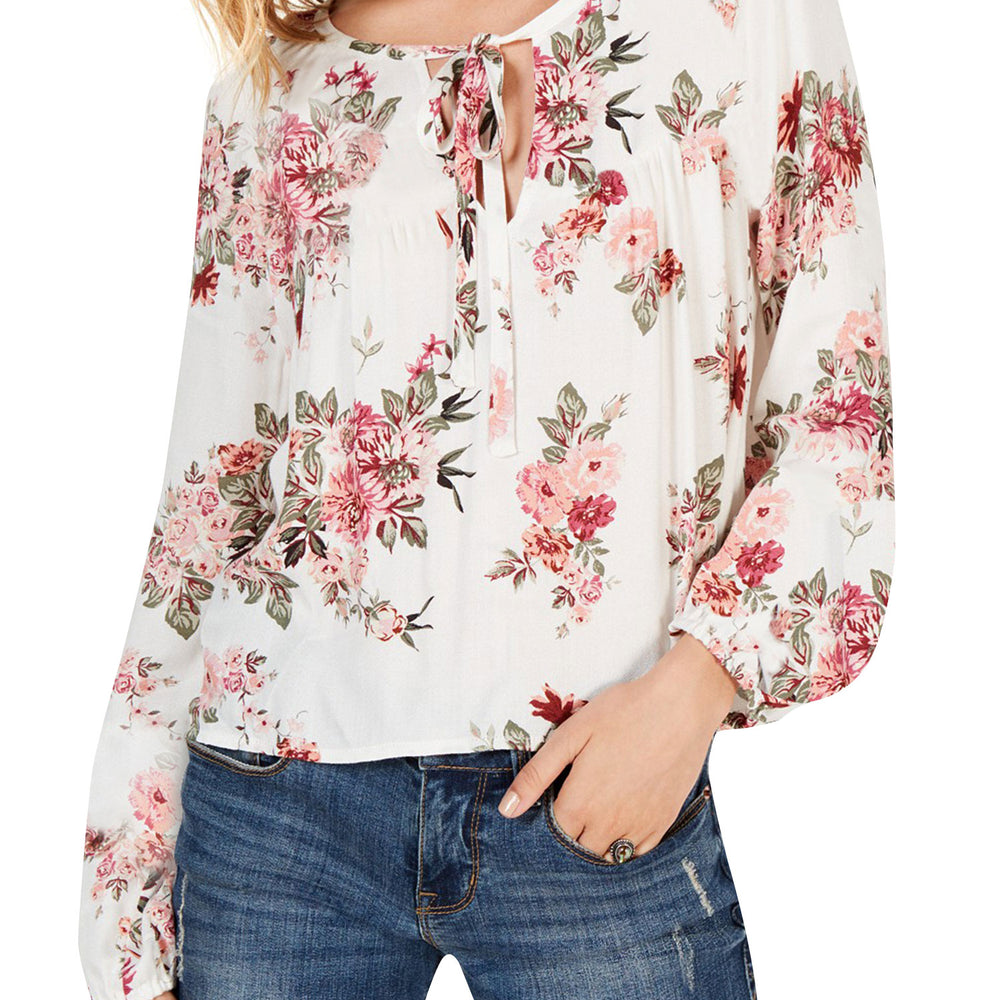 Women Floral Print Tied V Neck Ruching Blouse