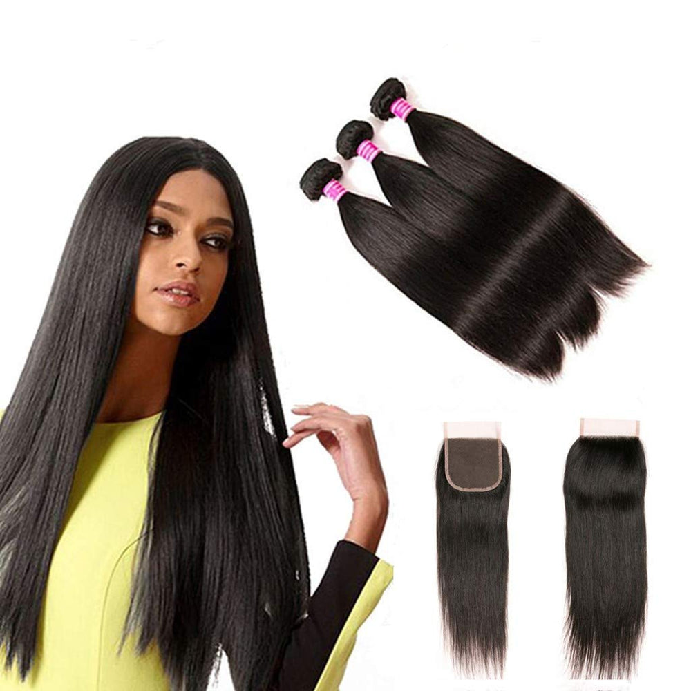 Blowing Straight Hair 3 Bundles with Closure Brazilian Virgin Hair Three Part Lace Closure with Bundles 8a Straight Human Hair Weft with Closure Three Part Natural Color（10 12 14+10，Three part）