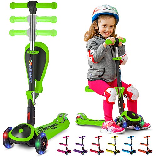 S SKIDEE Scooter for Kids with Foldable and Removable Seat – Adjustable Height, 3 LED Light Wheels, USA Brand 3 Wheels Kick Scooter for Girls & Boys 2-12 Years Old - Y200