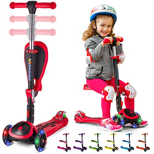 S SKIDEE Scooter for Kids with Foldable and Removable Seat – Adjustable Height, 3 LED Light Wheels, USA Brand 3 Wheels Kick Scooter for Girls & Boys 2-12 Years Old - Y200